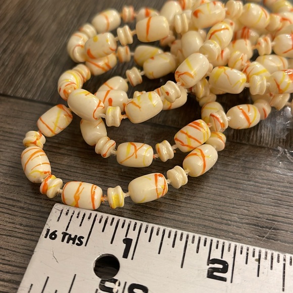 Vintage Beaded Necklace Ivory with Orange and Yellow Paint Splatter Design - Picture 10 of 13